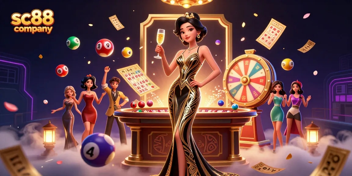Win with sc88 company in a vibrant illustration of a casino scene featuring glamorous gaming elements.