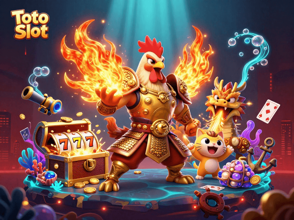 Toto Slot's exciting 3D illustration showcases a dynamic scene of gambling action with characters and themed elements.