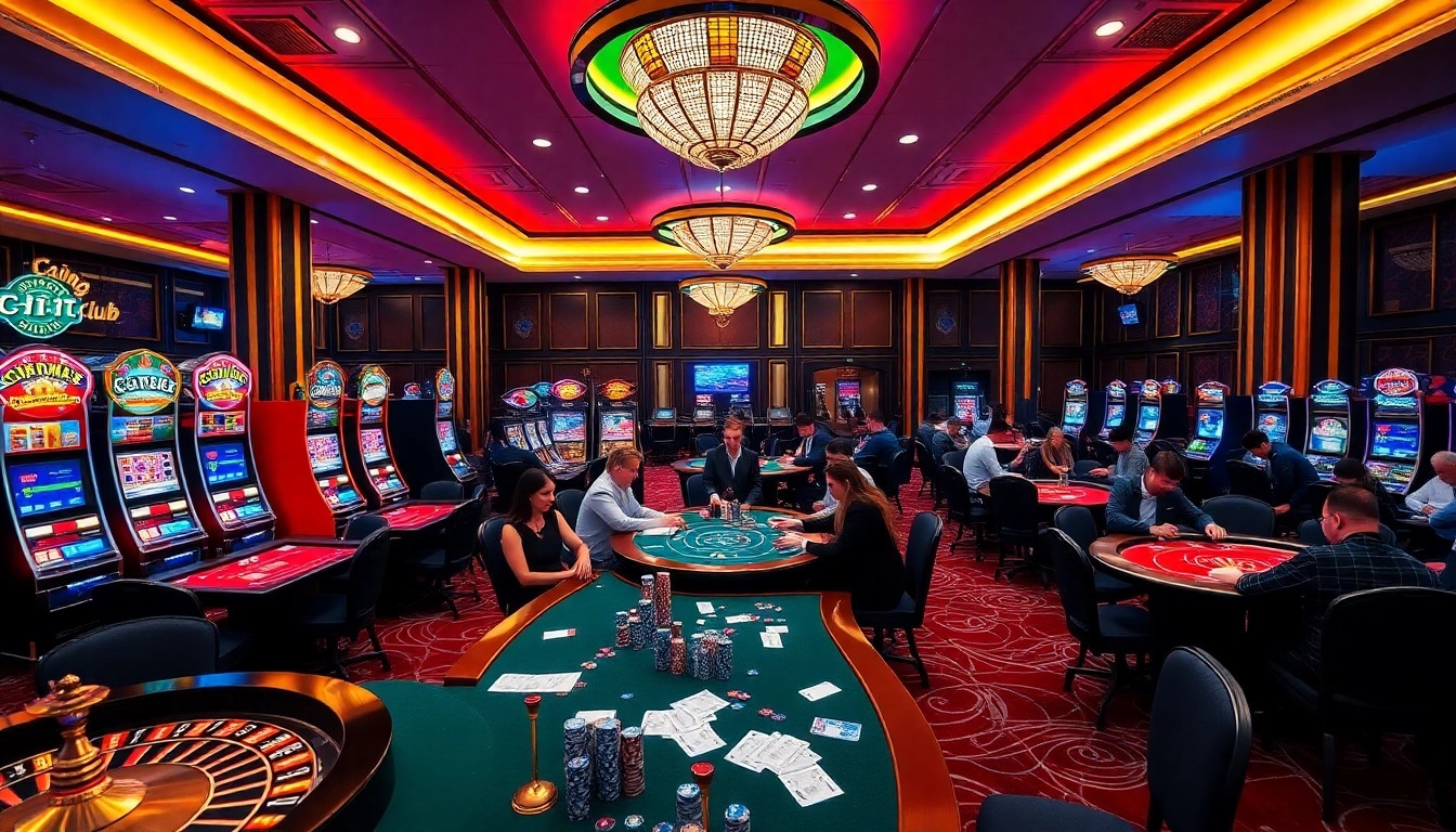 Cổng game Hit club offers an exciting view of gamblers at casino tables, playing poker and rolling dice.