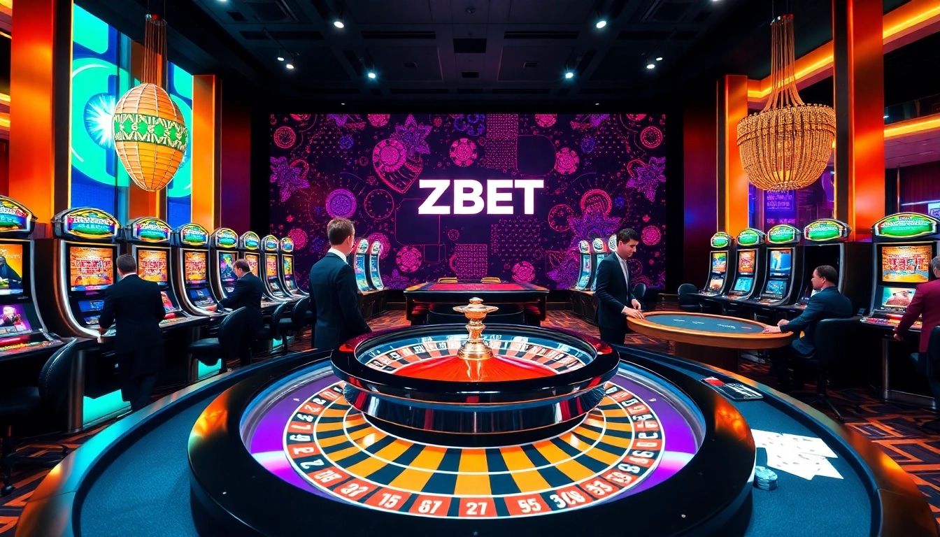ZBET logo featured in a vibrant upscale casino scene with players engaging in roulette and poker.