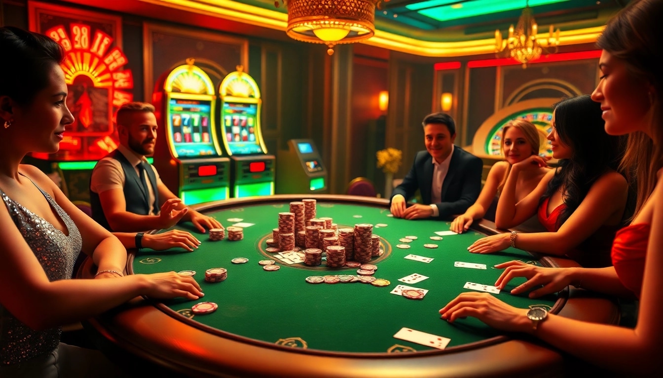Experience the thrill of winning at https://68vip.red/ featuring a vibrant casino table with players and poker chips.