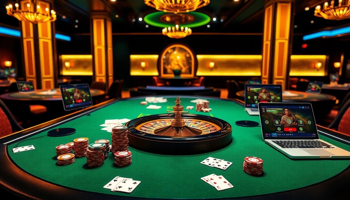Experience thrilling gaming at Bro138 with vibrant roulette and poker tables in a luxurious casino setting.