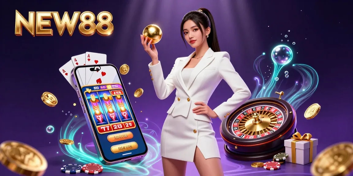 Experience the excitement at NEW88 Casino with a stunning Asian woman holding a roulette ball in a vibrant casino setting.