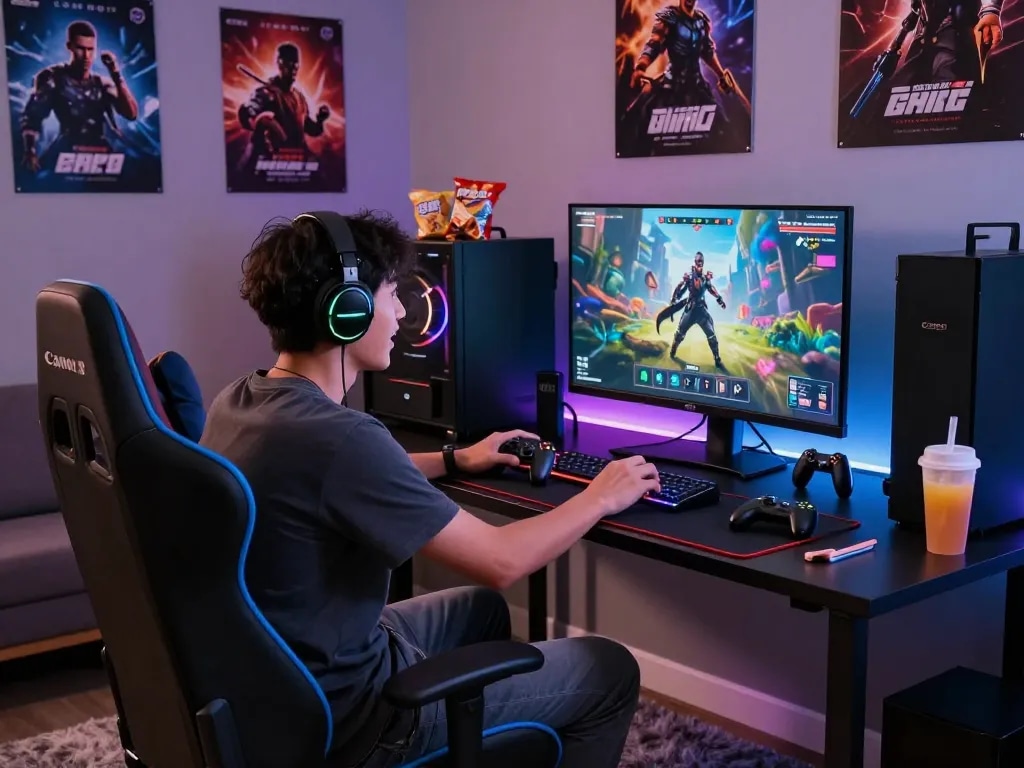 Player immersed in an adult game experience within a vibrant gaming room atmosphere.
