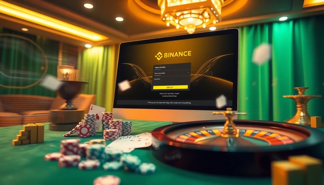 Engaging scene of 바이낸스 회원가입 with poker chips and roulette wheel, evoking excitement.