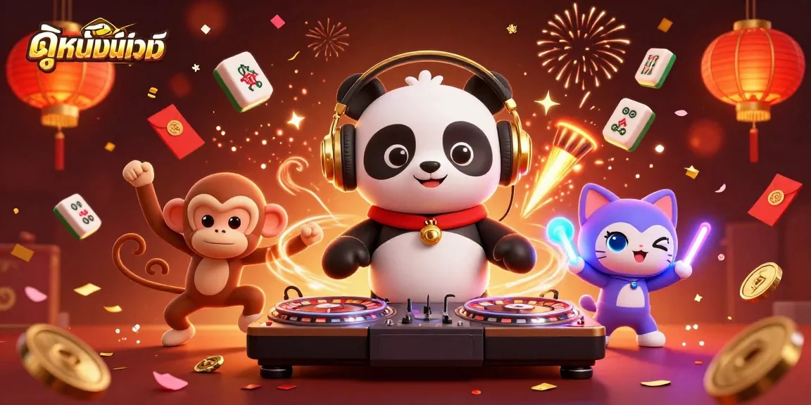Experience the thrill of ดูหนังออนไลน์ with a vibrant casino-themed celebration featuring animated characters.