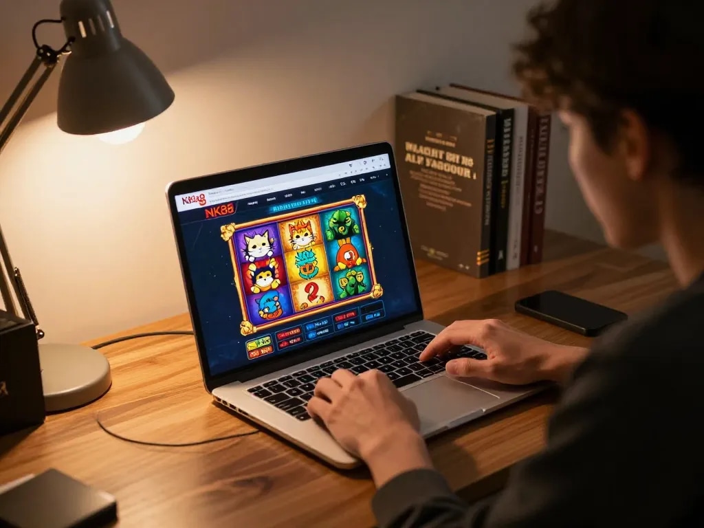 Engaging gameplay experience at home with NK88 link on screen, showcasing exciting slot games.