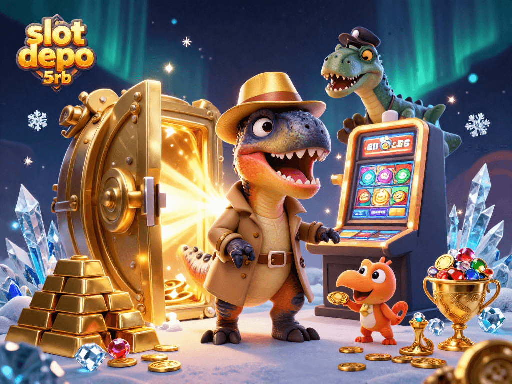 Engage with slot depo 5rb gameplay illustrated by a cartoon velociraptor card counter at a slots table.