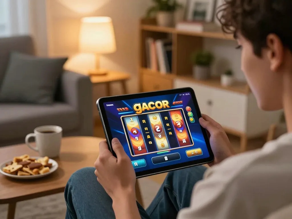 Engaging in slot gacor gameplay on a tablet, surrounded by a cozy home atmosphere