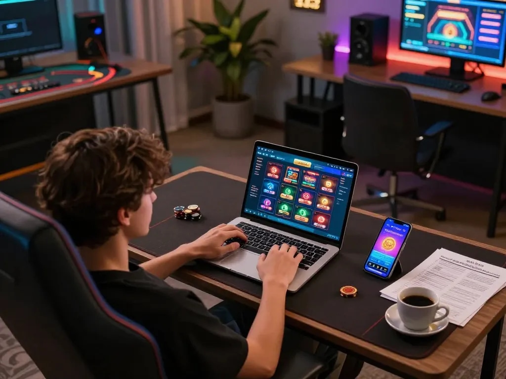 Engaging in online casino gaming as lsa displays exciting gameplay on a laptop and smartphone in a cozy setup