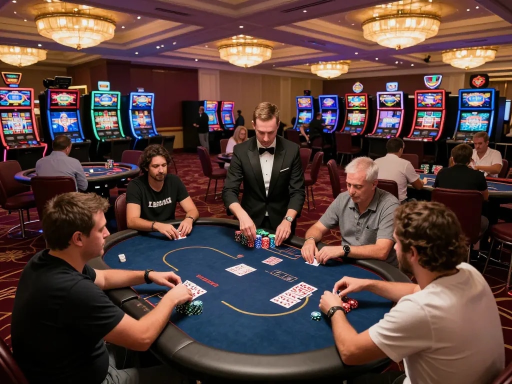 Engaging poker game on the trang chủ go8 casino floor, highlighting intense gameplay and vibrant atmosphere.