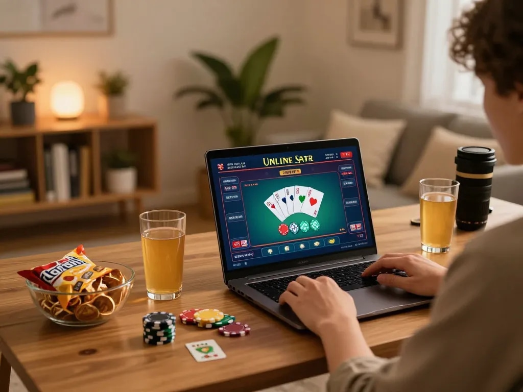 Engaging scene showing a person enjoying casinos not on gamstop on a laptop in cozy home setting.