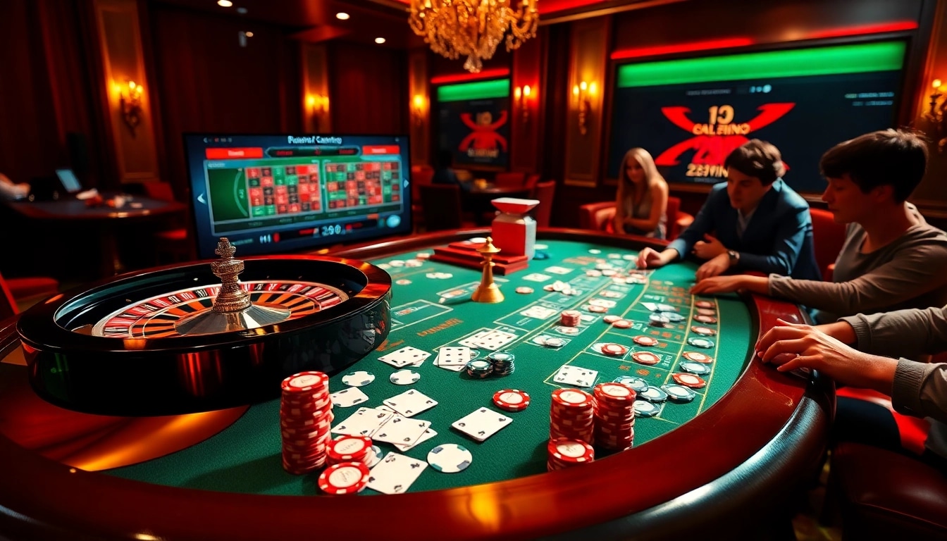 Experience the excitement of 23win with vibrant casino elements including roulette wheels and poker chips.