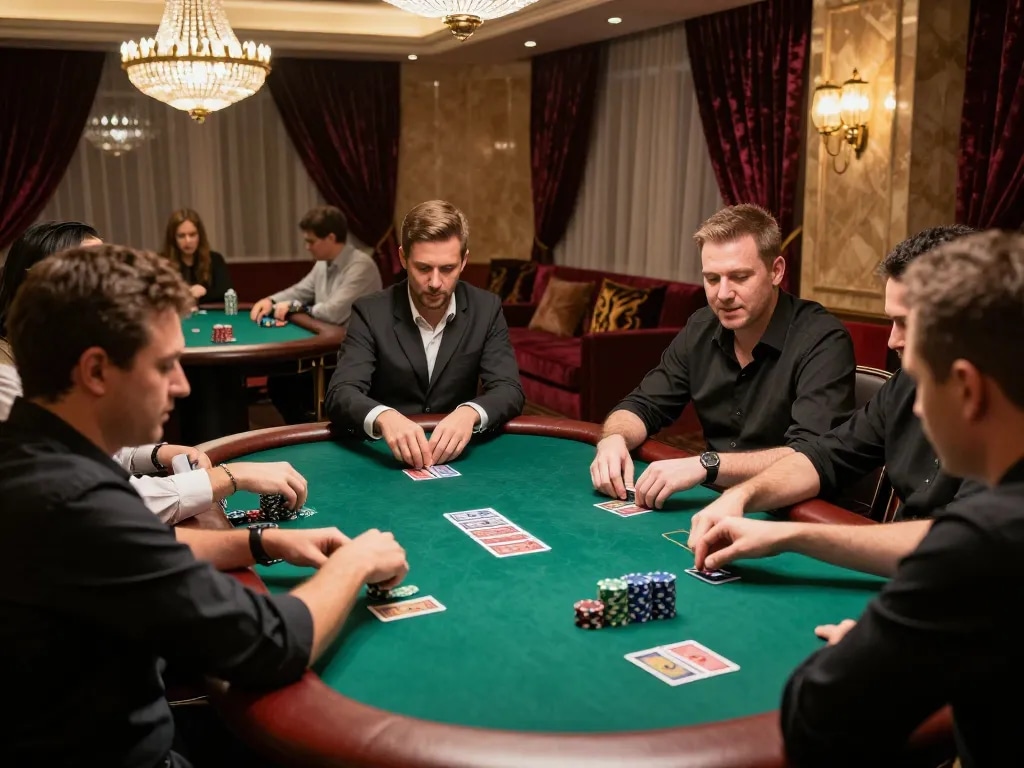 Engaged gamers at a King33 poker table strategizing their bets amid a vibrant casino atmosphere.