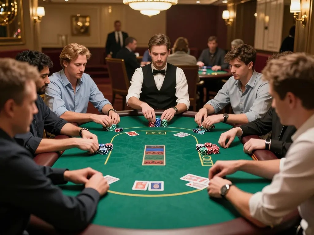 Intense poker gameplay at a reputable casino, showcasing vibrant chips and strategic betting in action, nhà cái uy tín experience