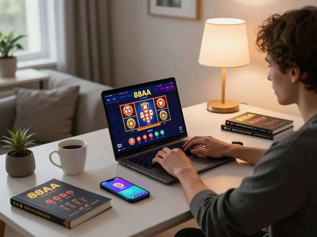 Engaging in online gambling with 88aa đăng nhập at a cozy home gaming setup featuring laptop and strategy books.