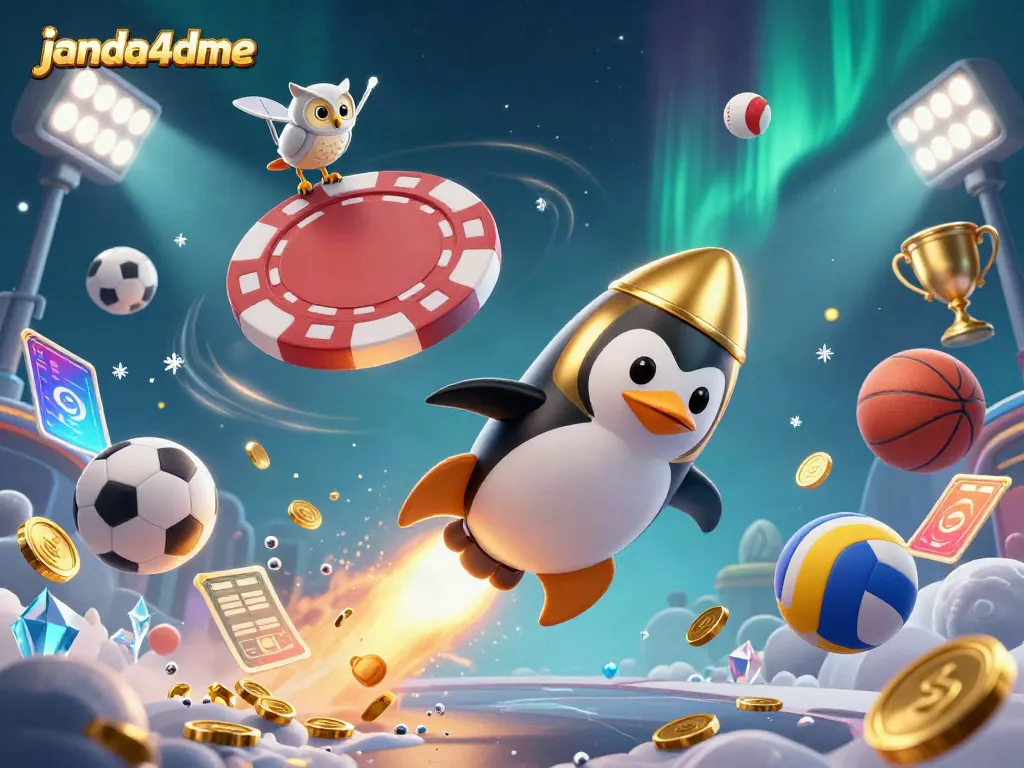 Janda4dme menawarkan pengalaman taruhan olahraga yang mendebarkan dengan karakter penguin emas yang menyala dan elemen kasino.