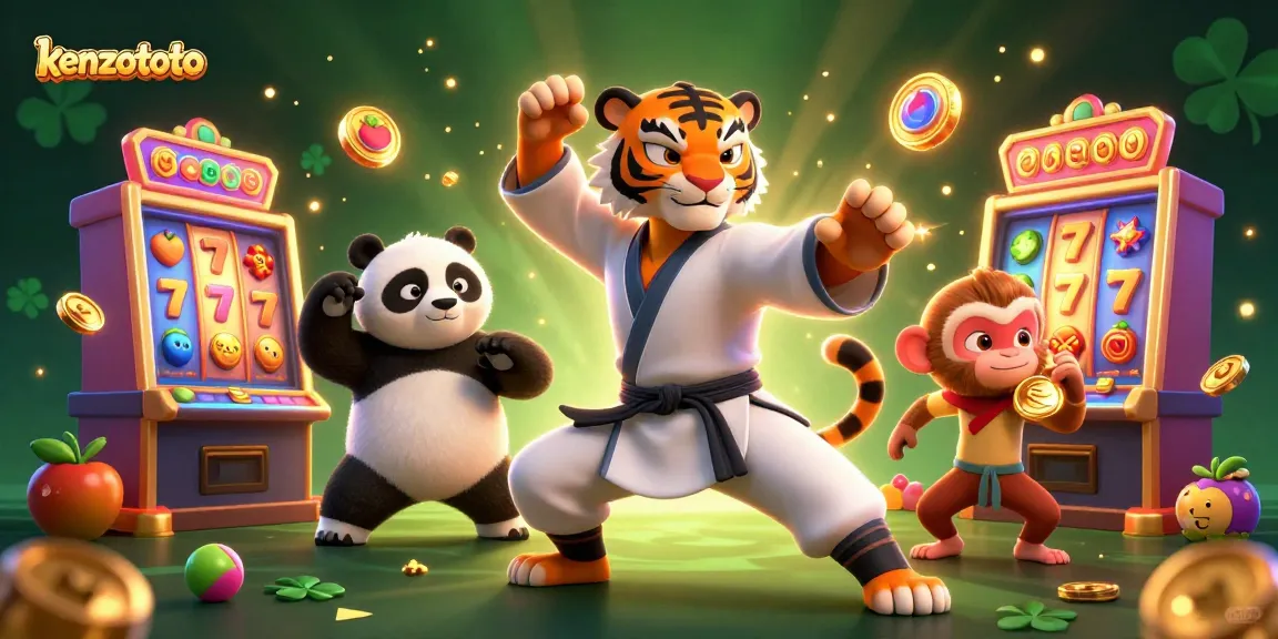 Kenzototo offers exciting slot gameplay featuring a kung fu tiger master and panda in a vibrant casino scene.