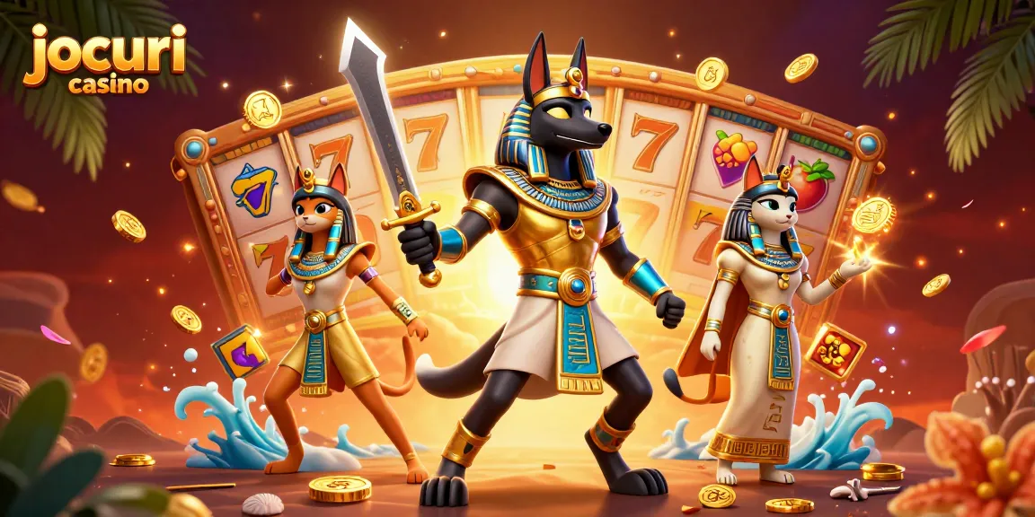 Joacă jocuri casino pe Slot.md cu Anubis și simboluri egiptene strălucitoare.