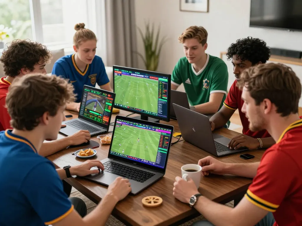 Rik vip sports betting strategy session with friends around a laptop, focused and excited expressions.
