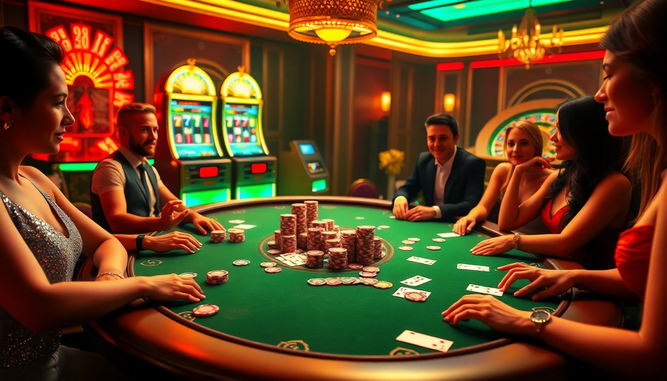 Experience the thrill of winning at https://68vip.red/ featuring a vibrant casino table with players and poker chips.