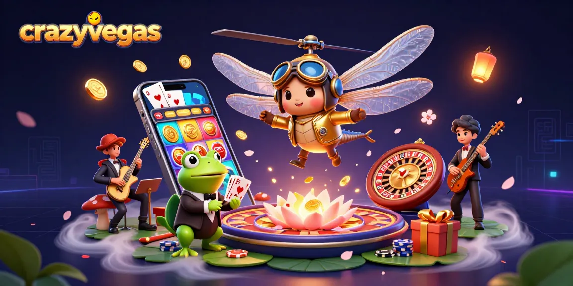 Engage with crazyvegas' animated casino scene featuring vivid slot games and lively concert elements.