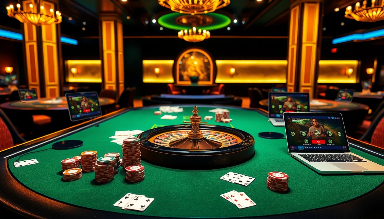 Experience thrilling gaming at Bro138 with vibrant roulette and poker tables in a luxurious casino setting.