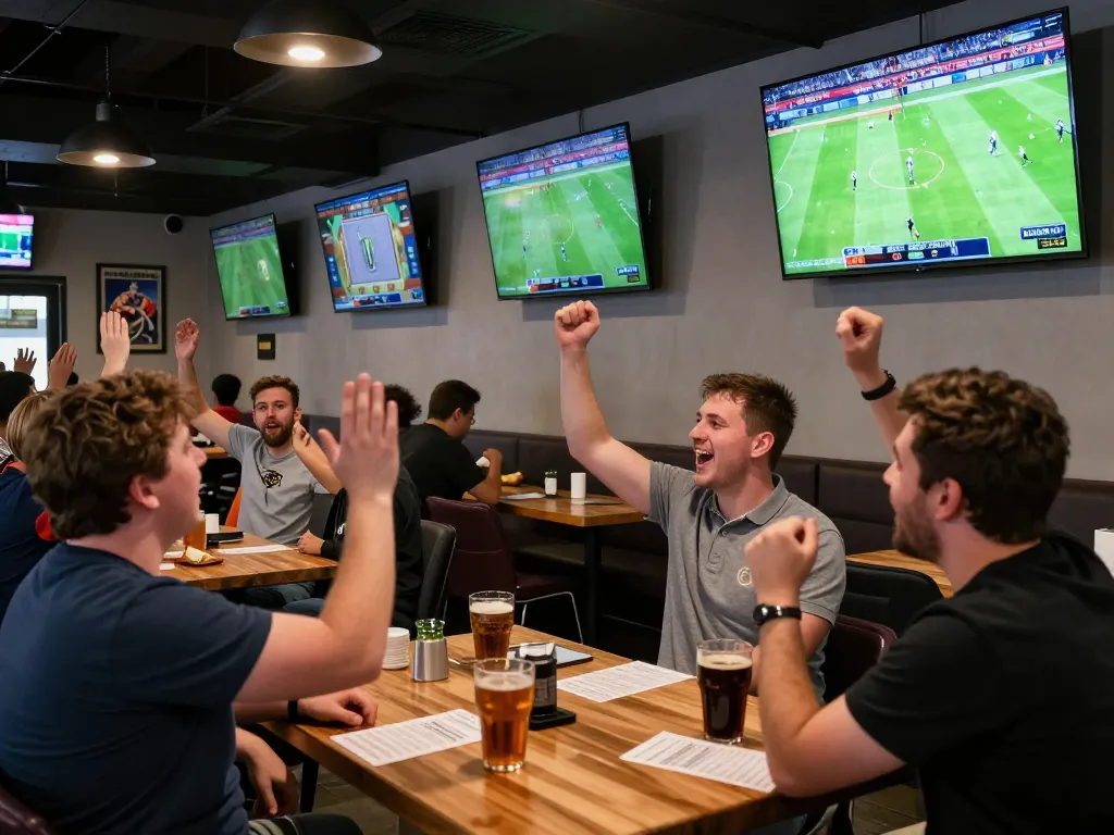 Exciting sports betting at a modern bar, with fans actively engaging and placing bets on trang cá cược bóng đá.