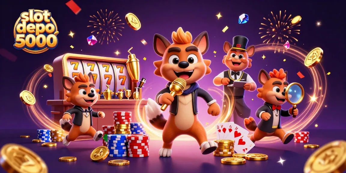 Engage in thrilling gaming with slot depo 5000 featuring vibrant hyenas and festive casino elements.