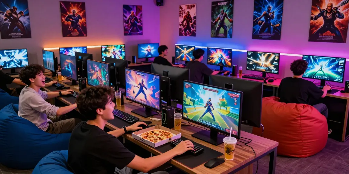 Engaging adults play colorful video games in a lively gaming lounge, promoting Adult Games Dirty exploration.