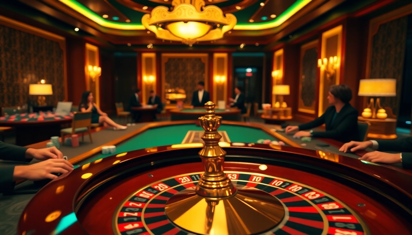 Vin777 players engaging in high-stakes poker with vibrant ambiance and luxury casino elements.
