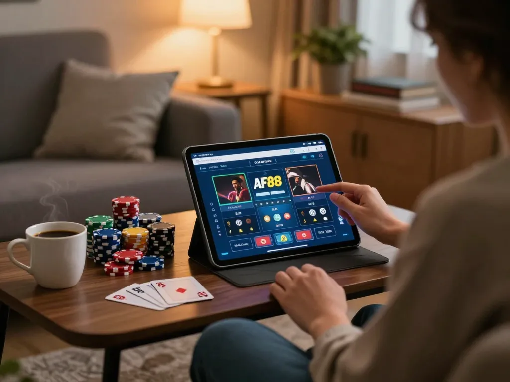 Engaging with the AF88 app for online gambling in a comfortable home setting.