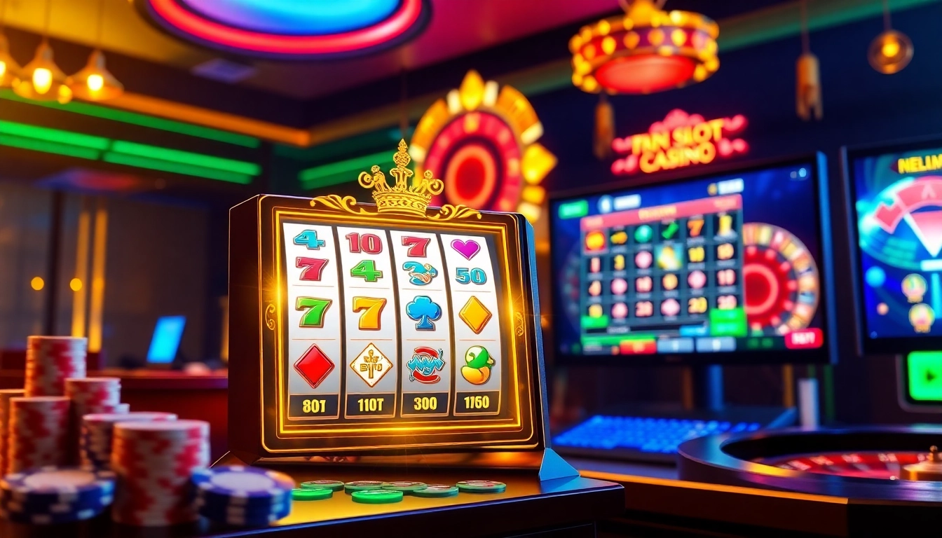 Engage with idnslot at an exciting online casino, showcasing vibrant slot machines and poker chips.