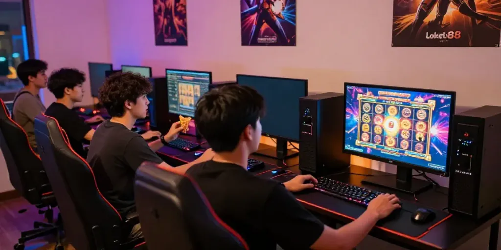 Friends enjoying an exciting loket88 slot gaming session in a vibrant, LED-lit room.