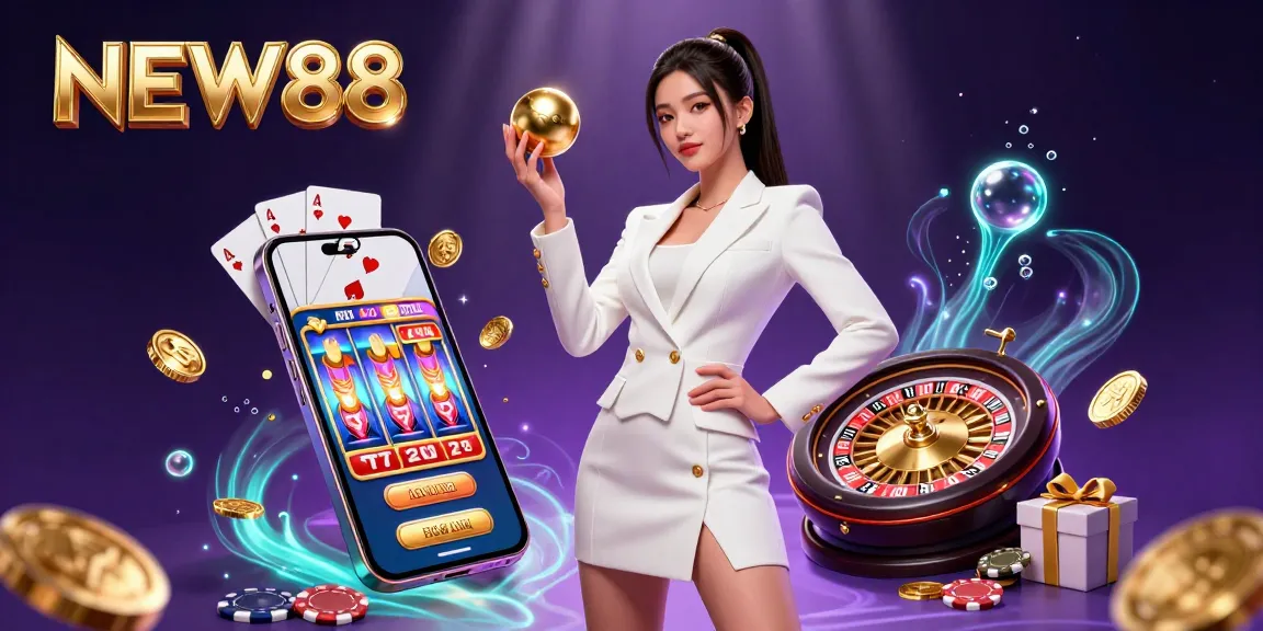 Experience the excitement at NEW88 Casino with a stunning Asian woman holding a roulette ball in a vibrant casino setting.