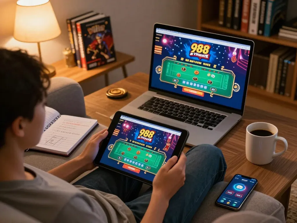 Engaging in 98win online casino gameplay on a tablet in a cozy home setup.