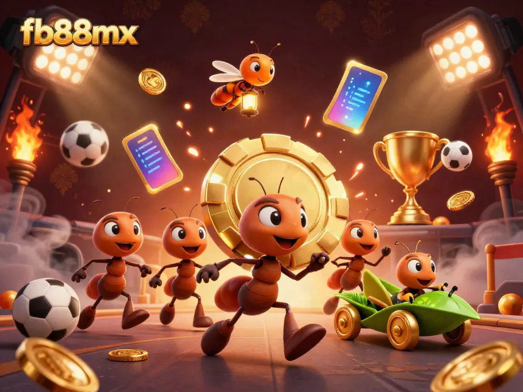 Experience an exciting fb88mx-themed heist with cartoon ants, sports elements, and golden treasures.