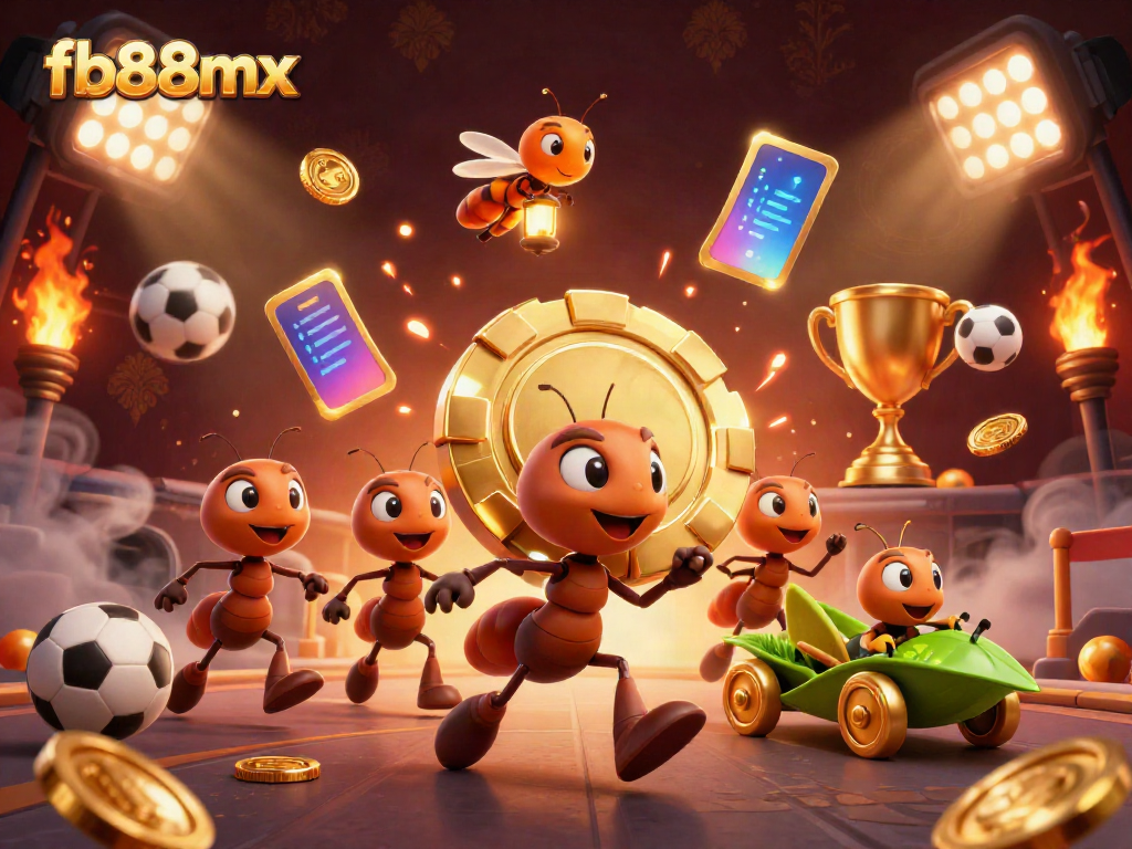 Experience an exciting fb88mx-themed heist with cartoon ants, sports elements, and golden treasures.