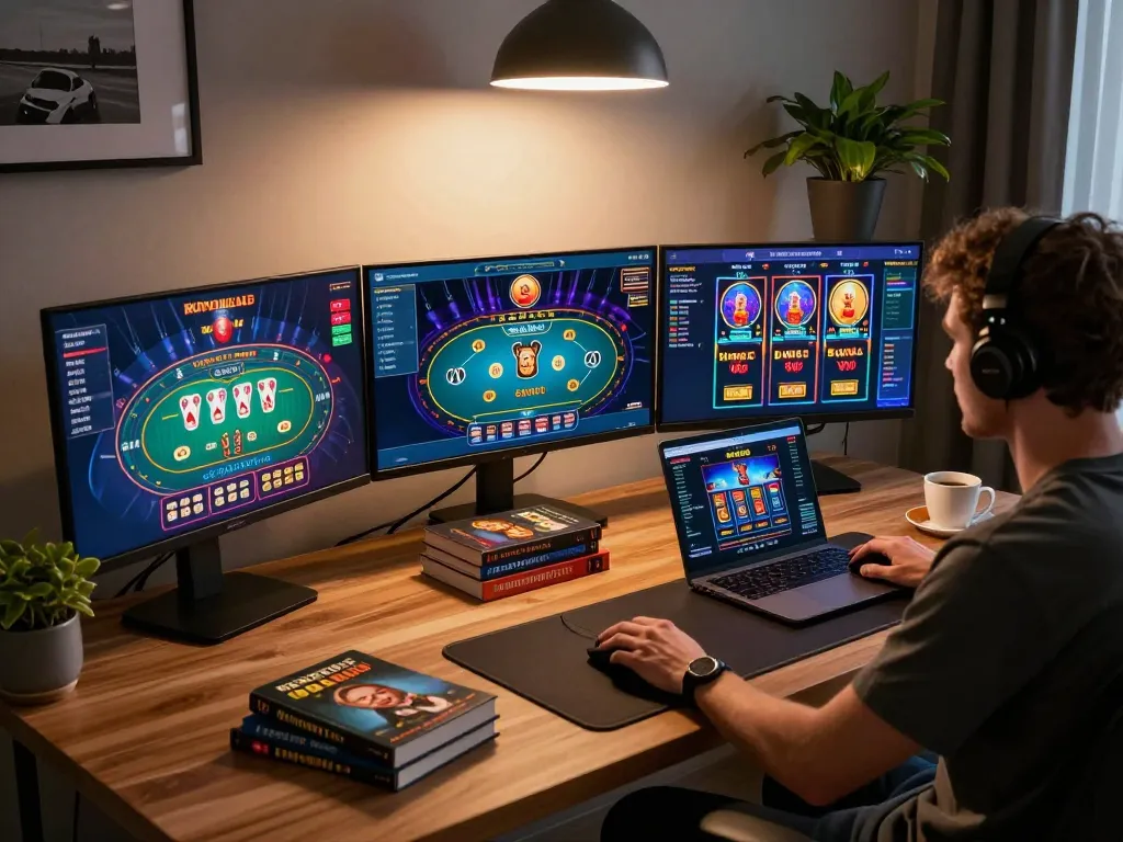 Player enjoying a strategic online casino session, using multiple screens to get more info about games and odds.