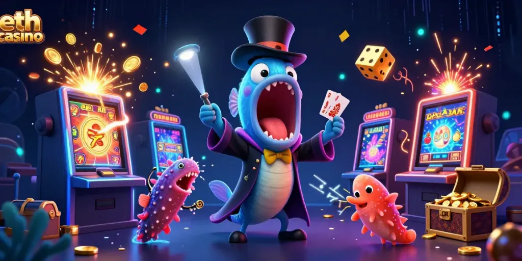 Experience the thrill of eth casino with a 3D illustration featuring vibrant casino imagery and characters.