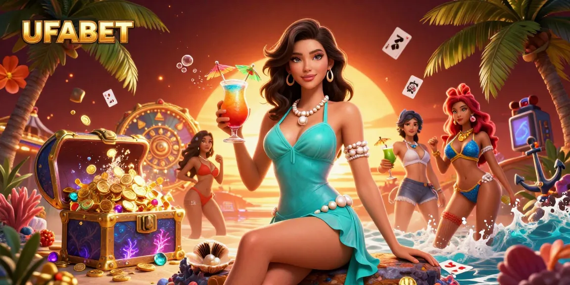 Engage with UFABET's exciting casino experience featuring a stunning Asian woman amidst vibrant gaming elements and cocktails.