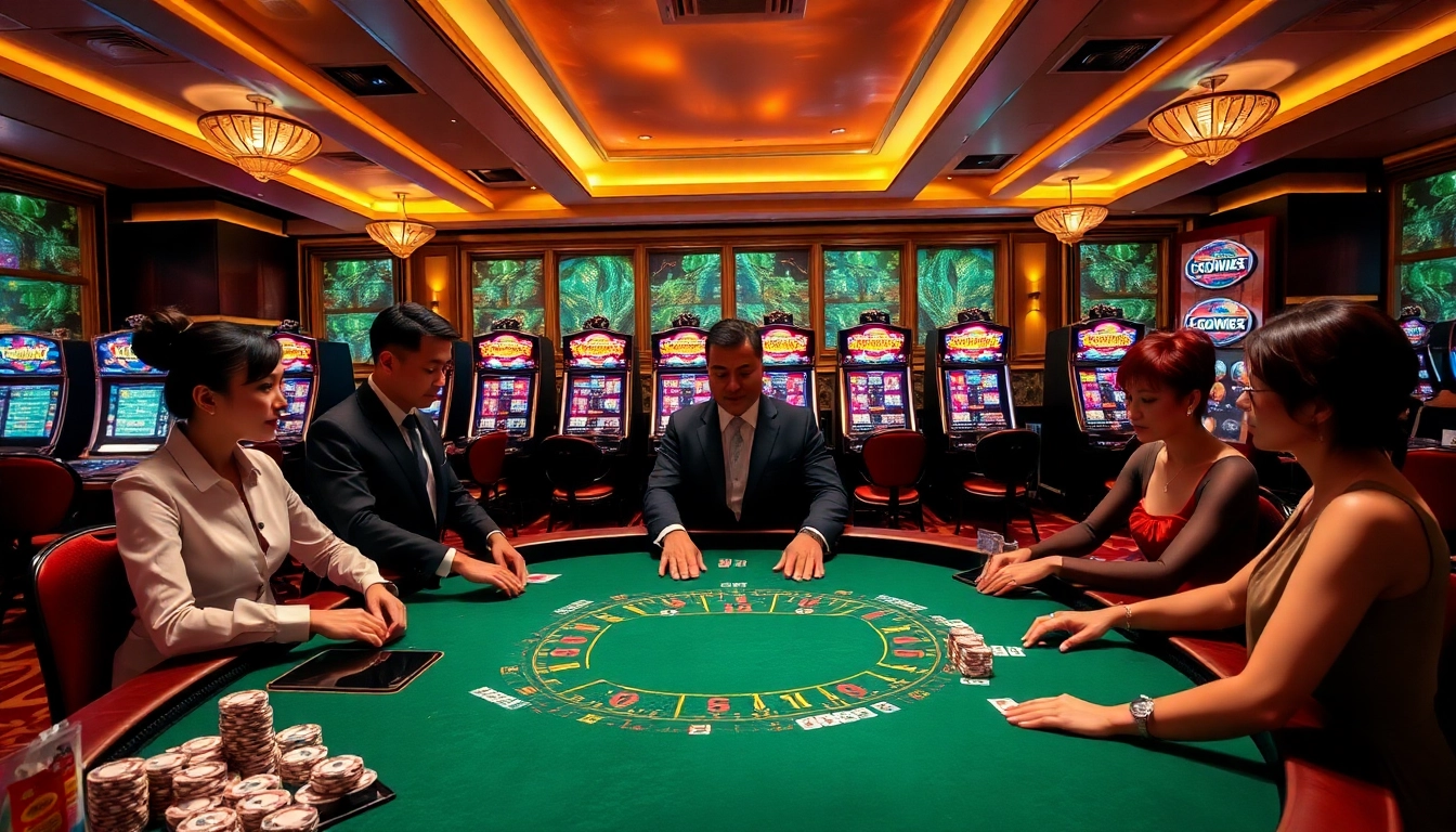 Crown88 baccarat table with professional dealers and engaged players in a luxurious casino setting.
