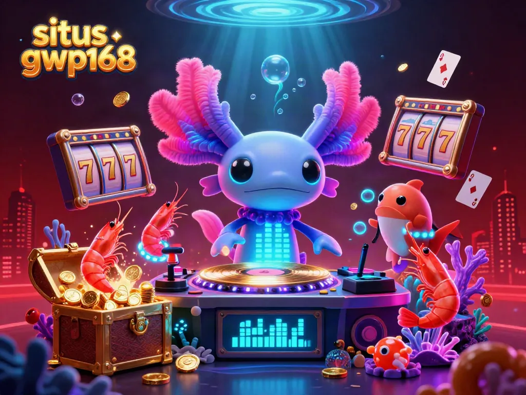 Gambaran kasino neon unik situs gwp168 dengan DJ aksolotl dan elemen slot menggairahkan