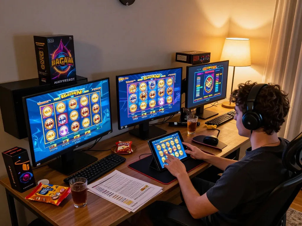 Engaging online player celebrating a win while exploring top slot gacor games on a tablet.