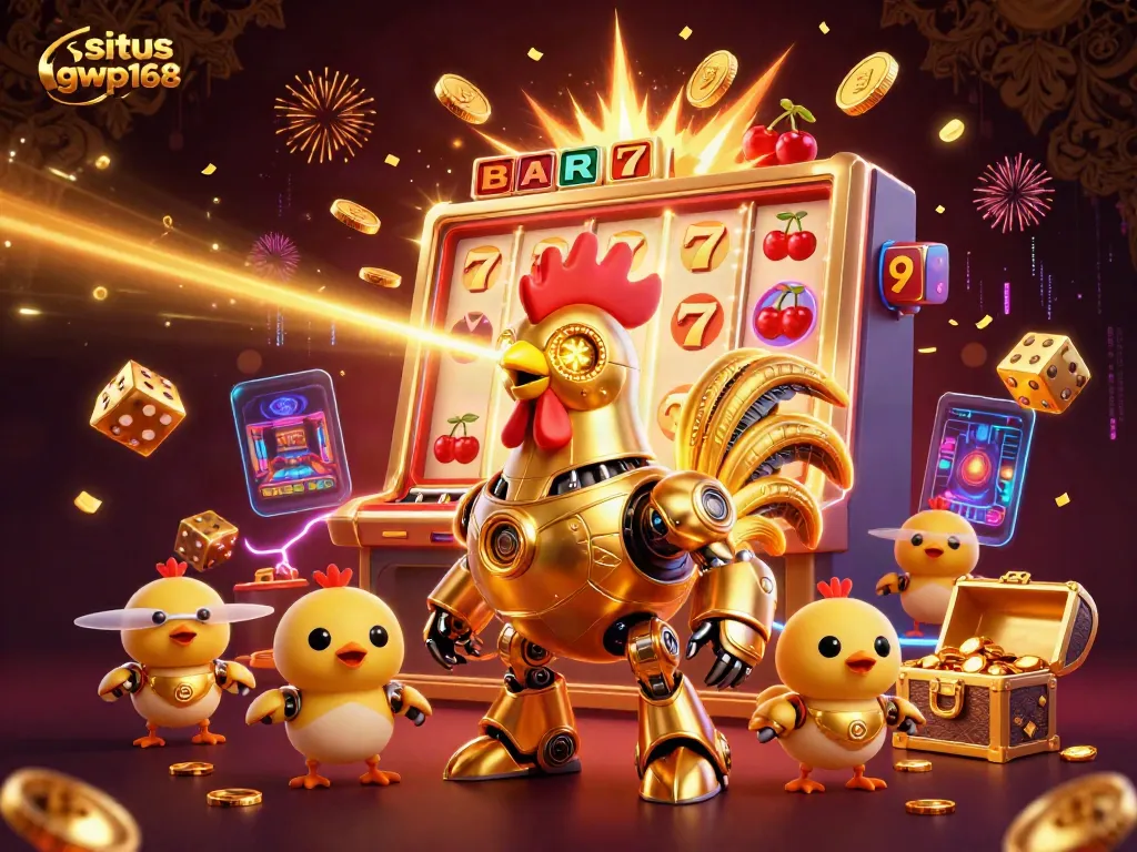 Merayakan perjudian yang menarik dengan situs gwp168, robot ayam emas futuristik mengeluarkan laser di antara mesin slot jackpot dan simbol yang terbang.