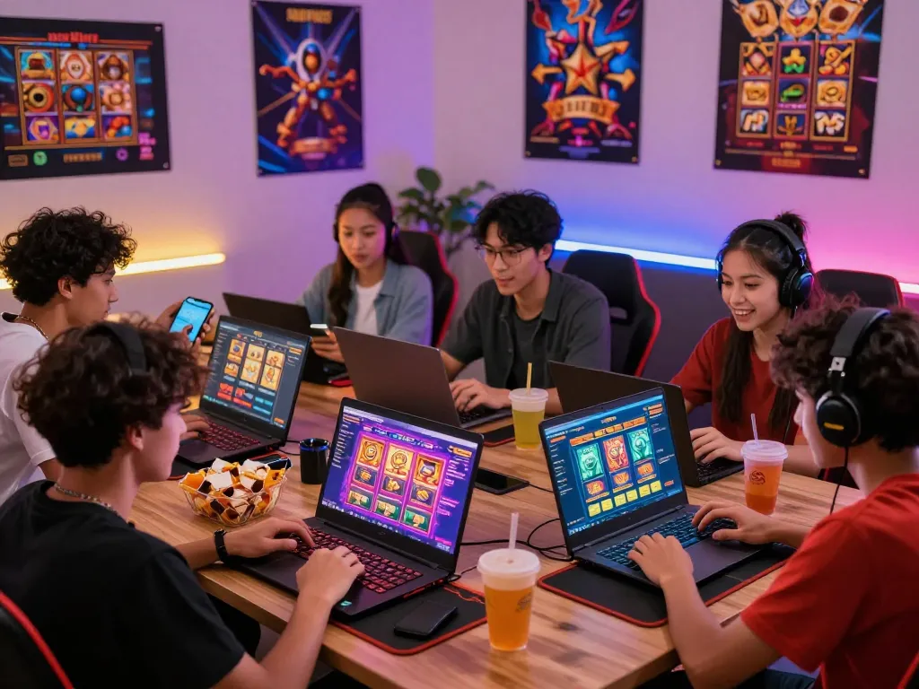 Online gaming players enjoying exciting toto slot games in a lively atmosphere with vibrant decor and devices.