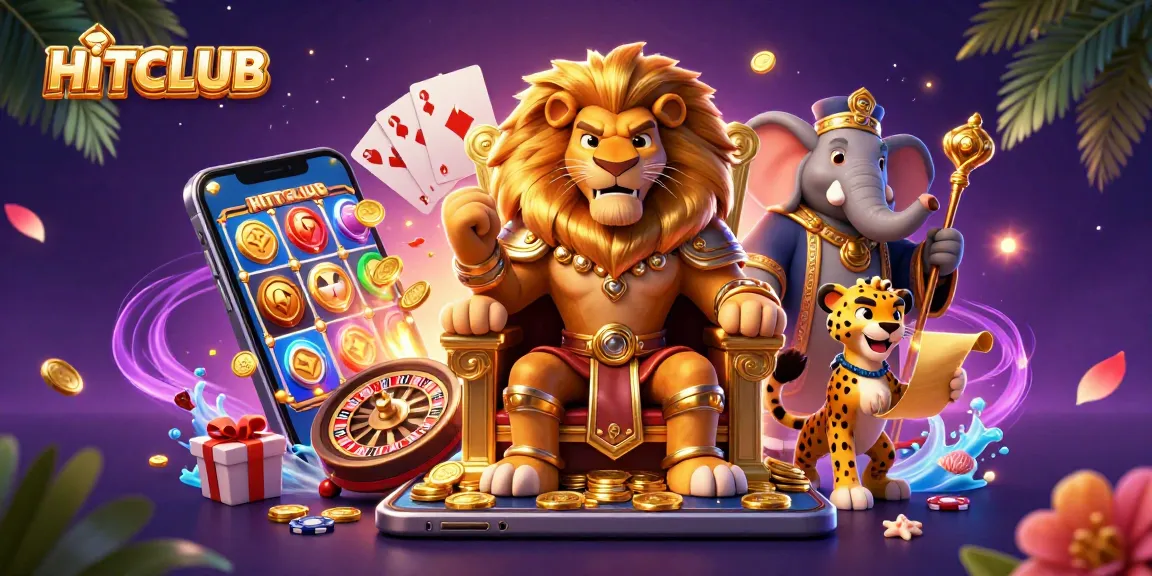 Join the excitement at HITCLUB with this vibrant 3D casino scene featuring a royal lion and gaming elements.