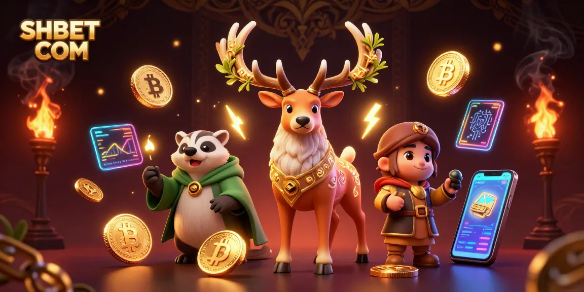 Engage in gaming with SHBET COM and dynamic 3D casino characters amidst cryptocurrency visuals.