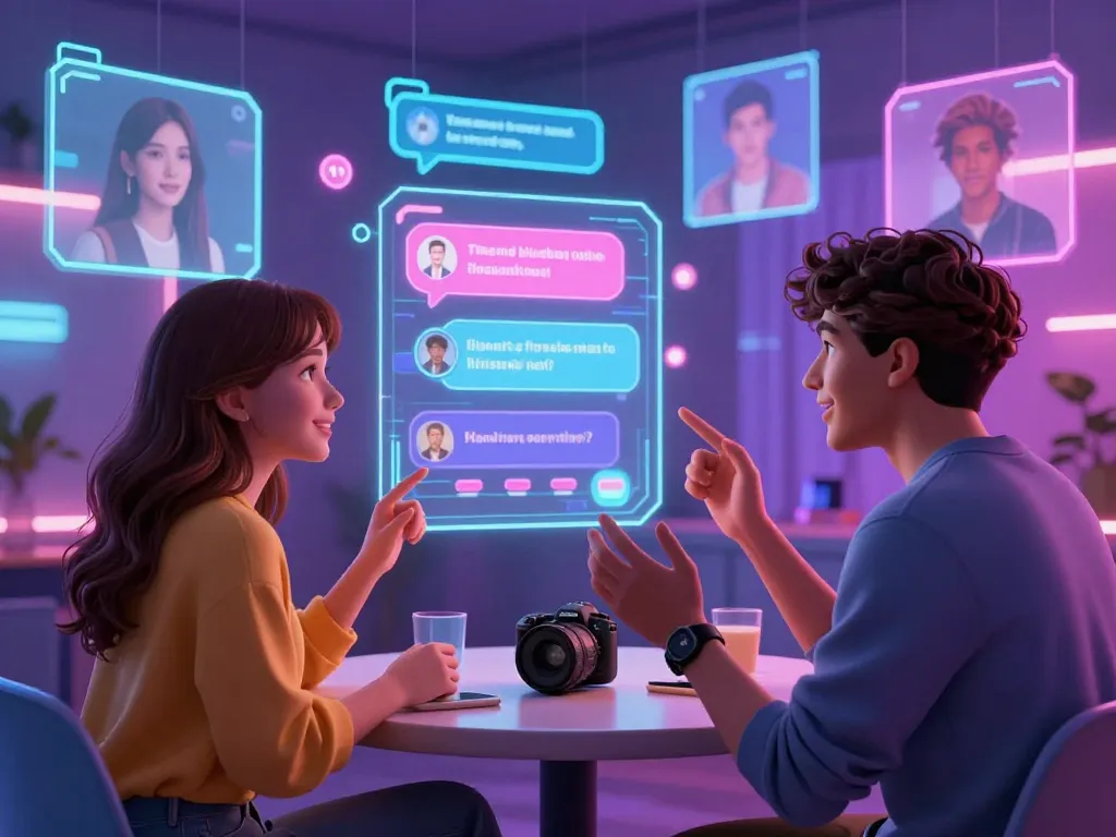 Interactive adult 18+ ai chat session with dynamic characters and modern tech ambiance.