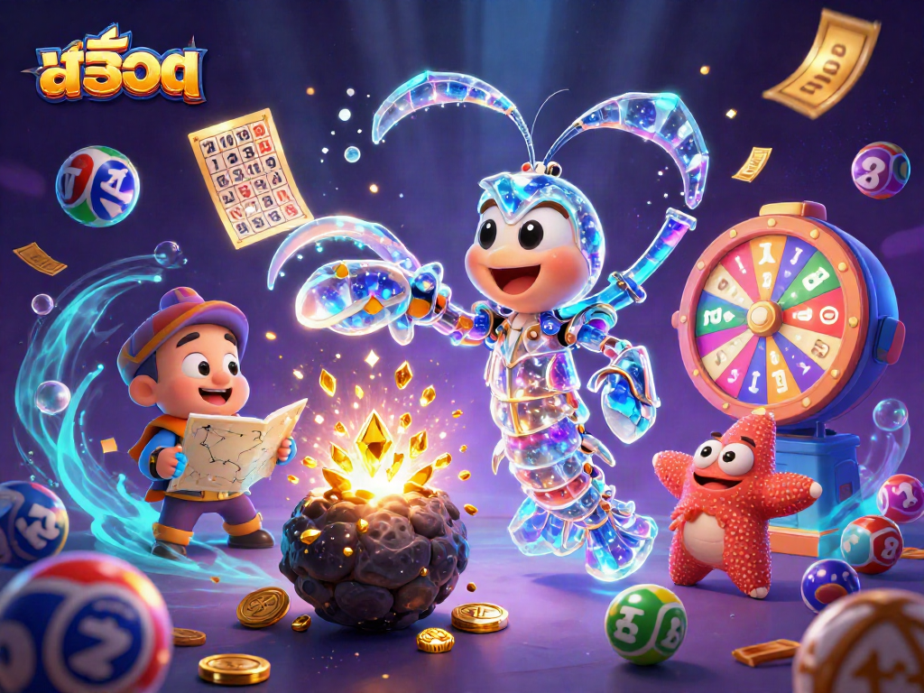 Experience thrilling สล็อต action with vibrant characters and lottery elements in a dynamic casino scene.